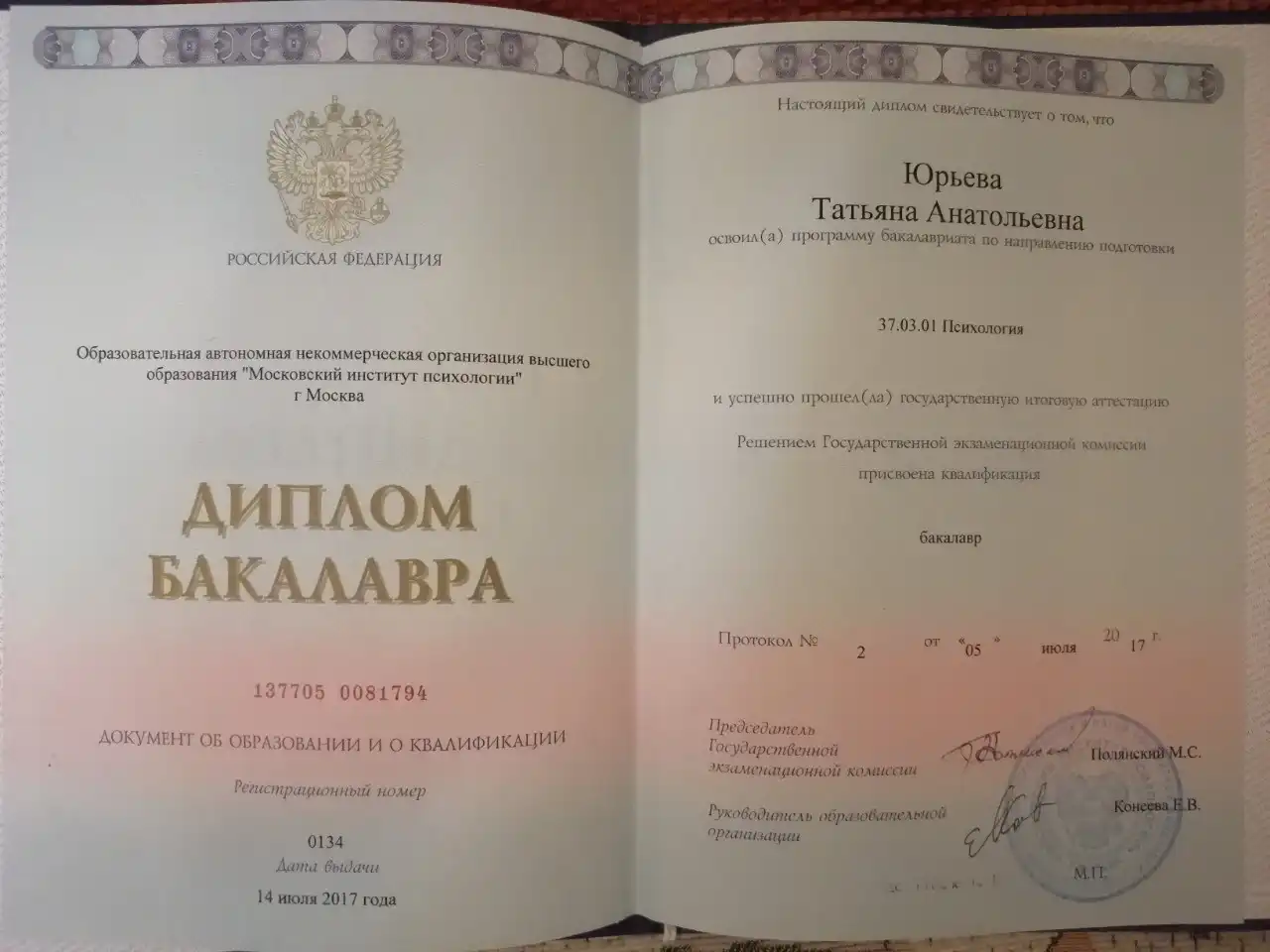 Диплом бакалавра психологии